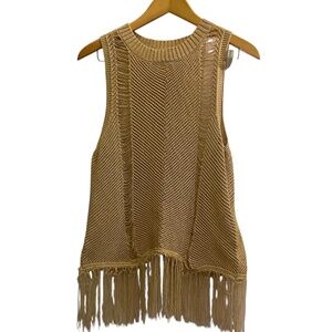 Women’s Festival Fringe Distressed Ladder Knit Tank in Beige Sz L